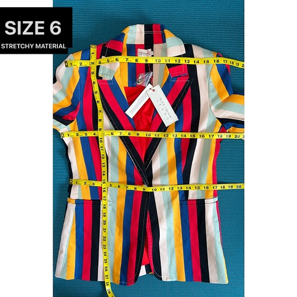 Alice + Olivia Breann Denim Boheme Striped Red Blue Multi Fitted Blazer Jacket - Picture 13 of 16